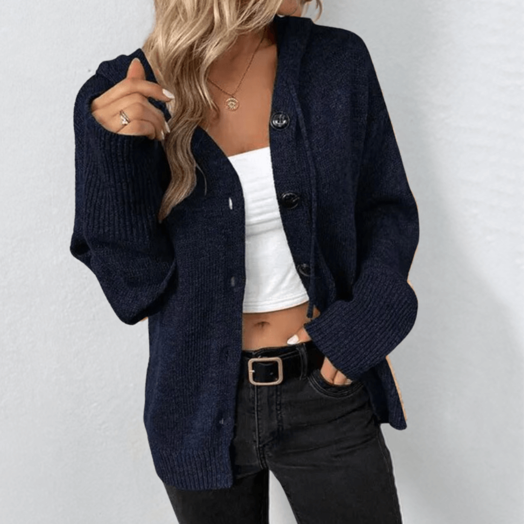 Women's Cardigan – Soft Knit – Oversized Fit – Button Closure – Hood – Ribbed Edges