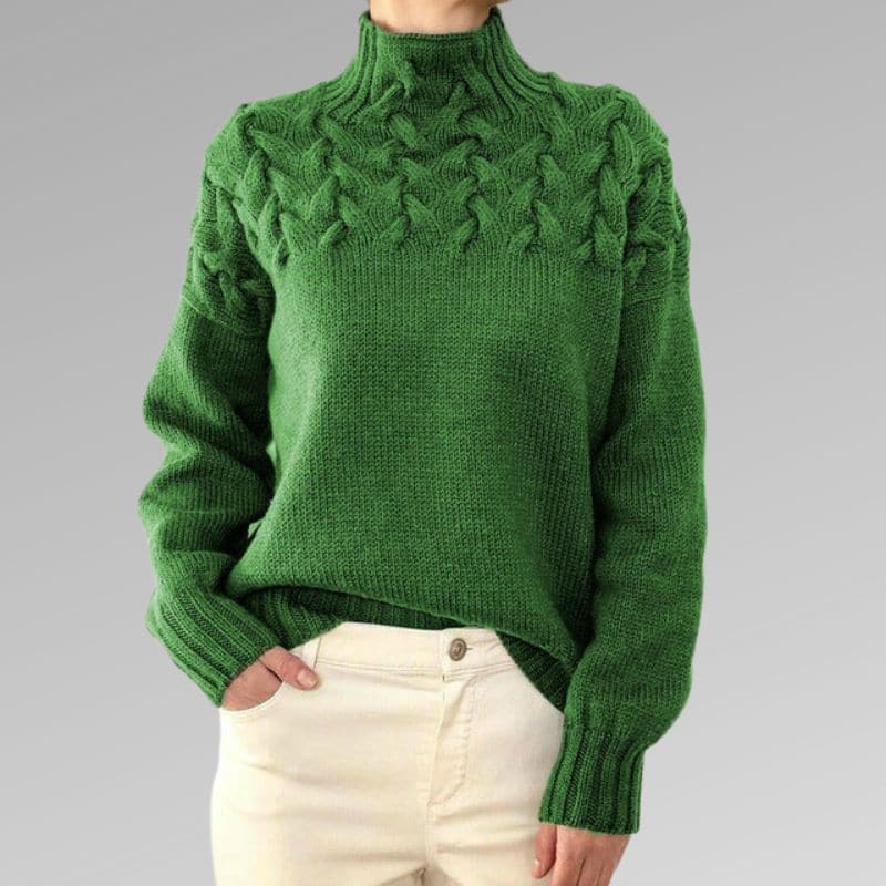 Women's Knitted Sweater - High Neck - Cable Knit Pattern - Ribbed Cuffs