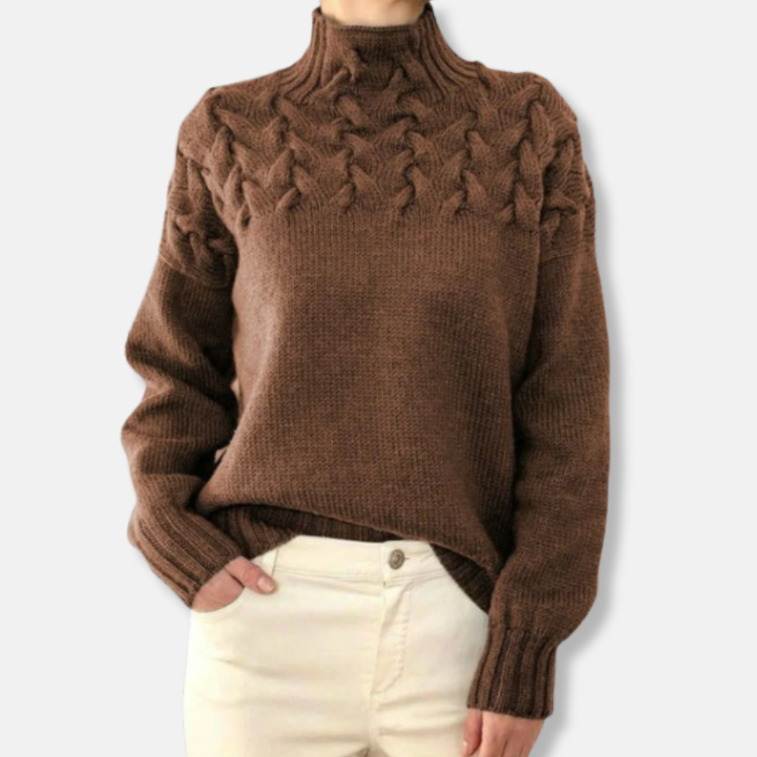 Rose Wool High Neck Sweater | Cable Knit Relaxed Fit Sweater