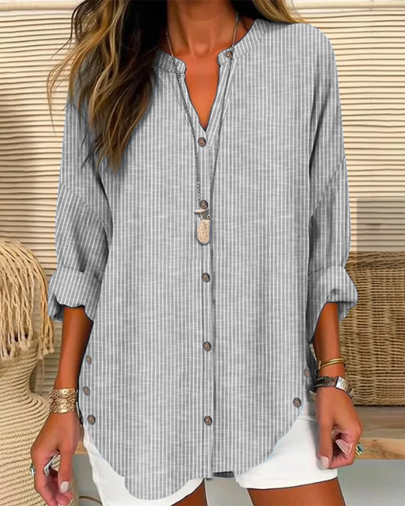 Women's Blouse – Relaxed Fit – V-Neck with Buttons – Striped – Breathable Fabric