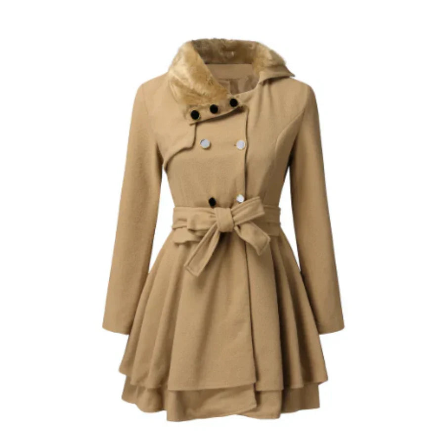 Women's Coat – Wool Blend – Flattering A-line – Faux Fur Collar – Tie Belt
