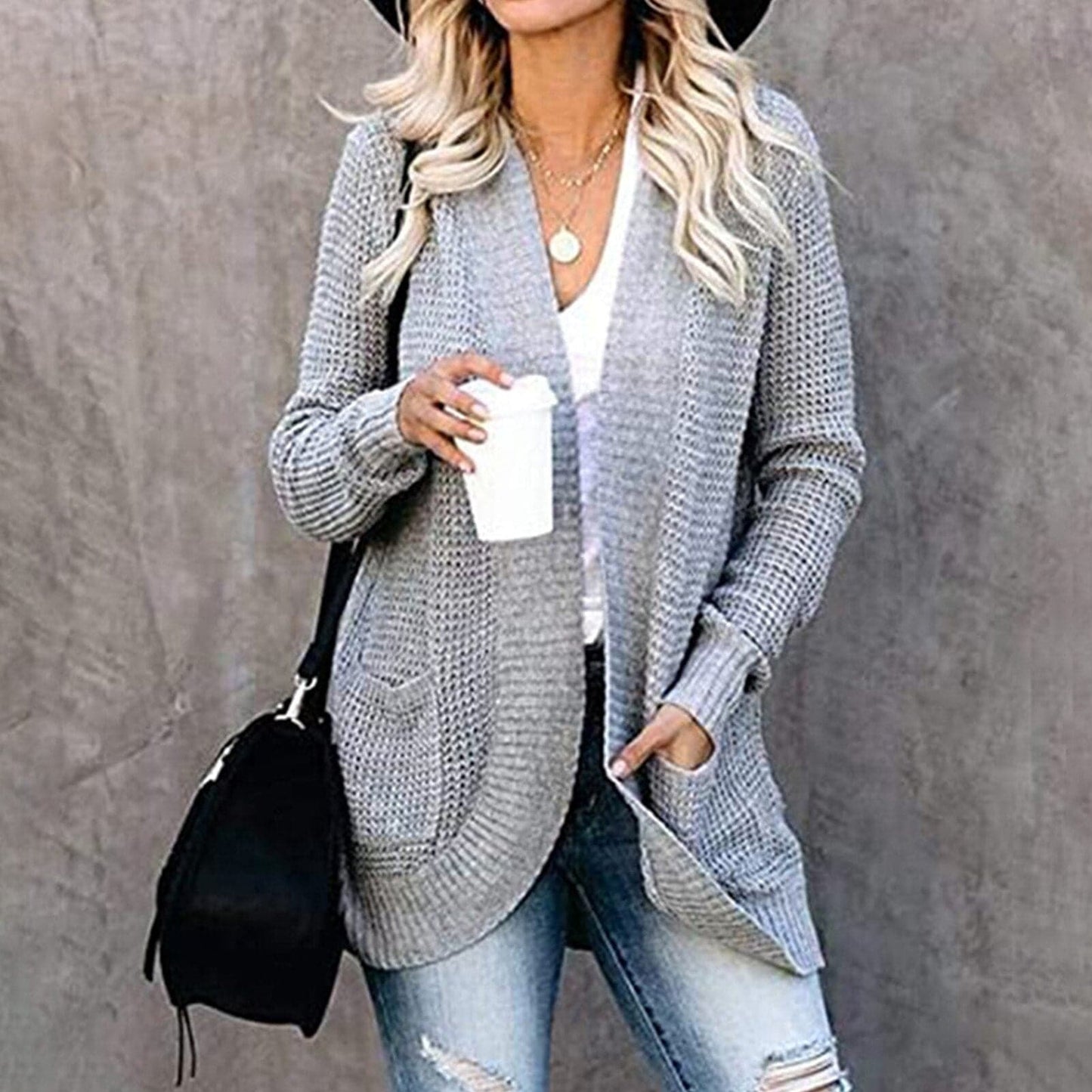 Women's Knitted Cardigan - Soft Fabric - Open Front - Relaxed Fit - With Pockets