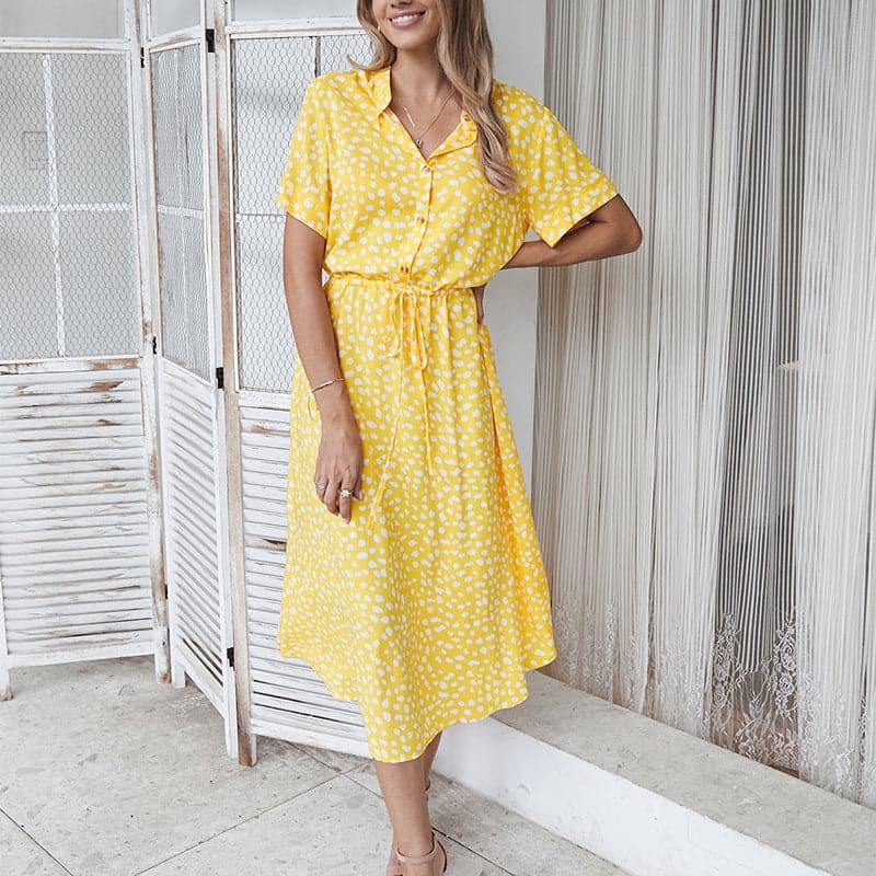 Women's Midi Dress – Short Sleeved – Loose Fit – Buttons and Adjustable Waist