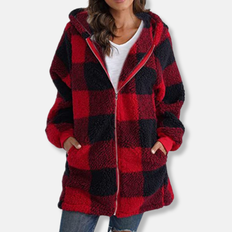 Women's Hoodie – Oversized Fit – Checkered Pattern – Soft Knit – Full Zipper