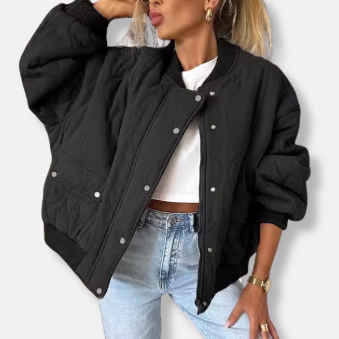 Women's Jacket Quilted – Relaxed Fit – Snap Button Closure – Ribbed Edges – Hip Length