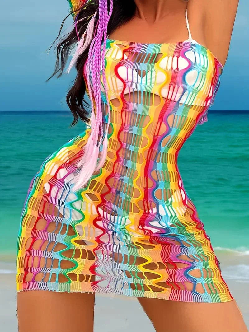 Women's Beach Dress - Mesh Transparent - Bodycon Fit - Mini Length - Long Sleeves