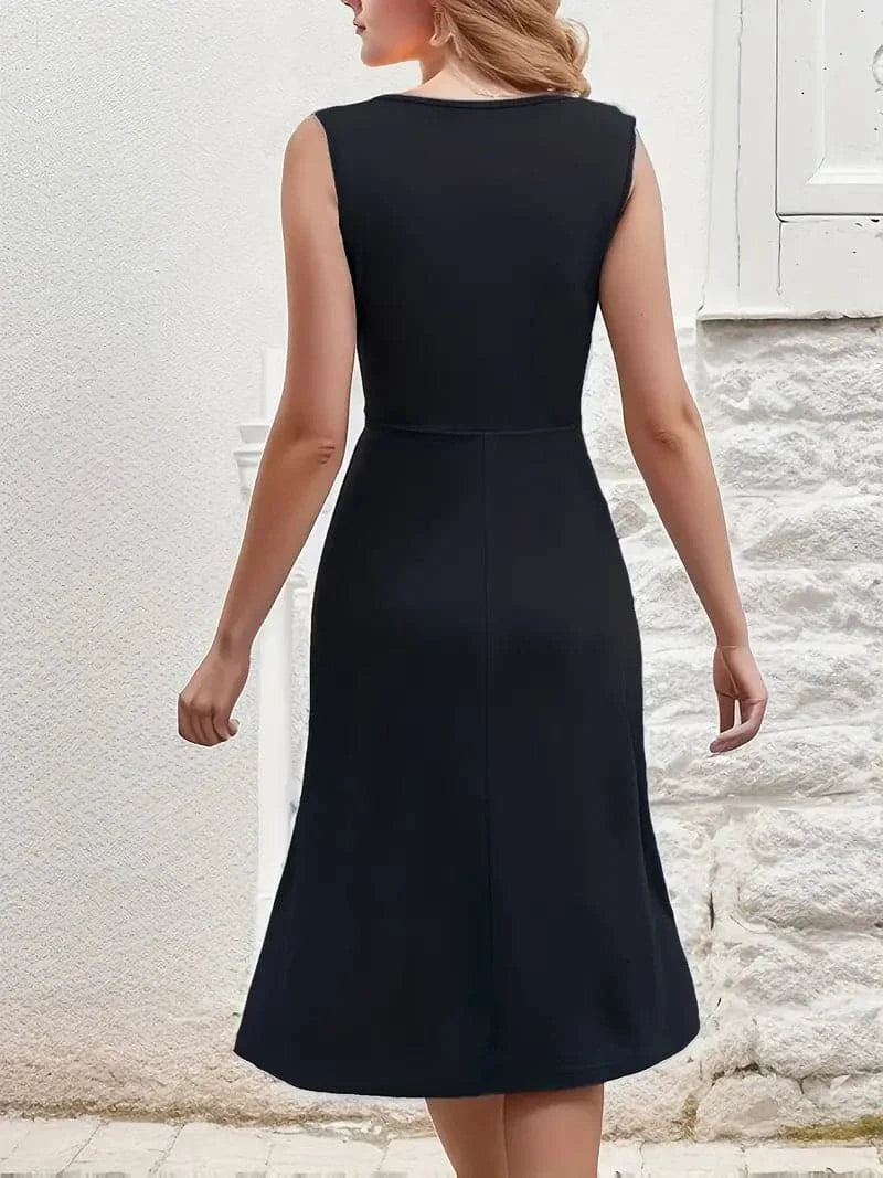 Women's Dress - Sleeveless V-neck - Fitted Waist - A-line Fit - Elegant Style