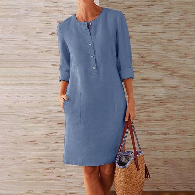 Women's Shirt Dress - Airy Linen Blend - Straight Fit - Buttons and Front Pockets