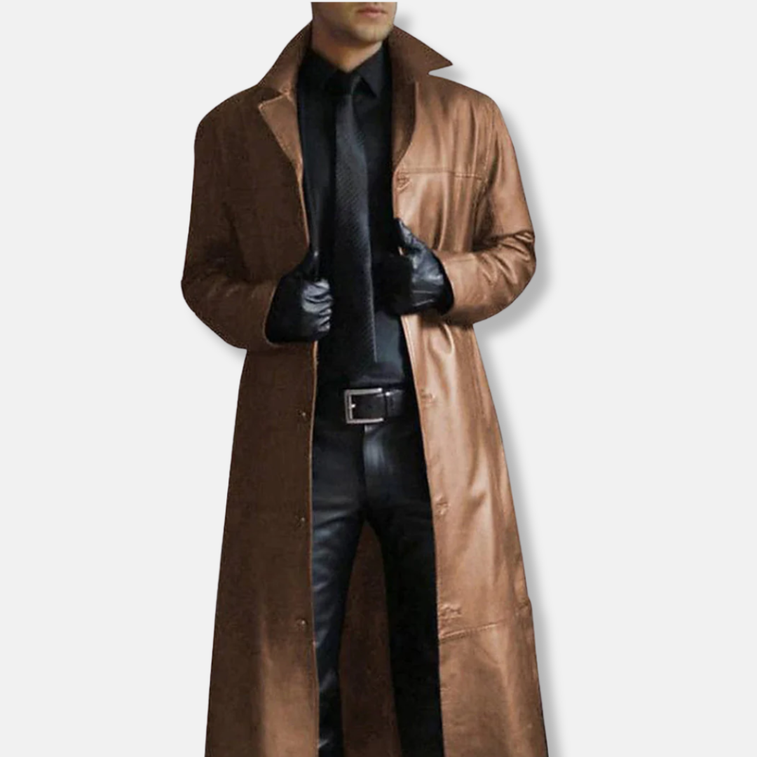 Men's Long Coat – Tailored Fit – Smooth Leather Look – Formal Button Closure