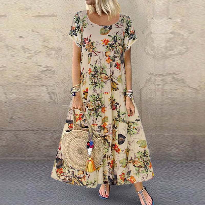 Women's Maxi Dress – Floral – Loose Fit – Short Sleeves – Round Neck
