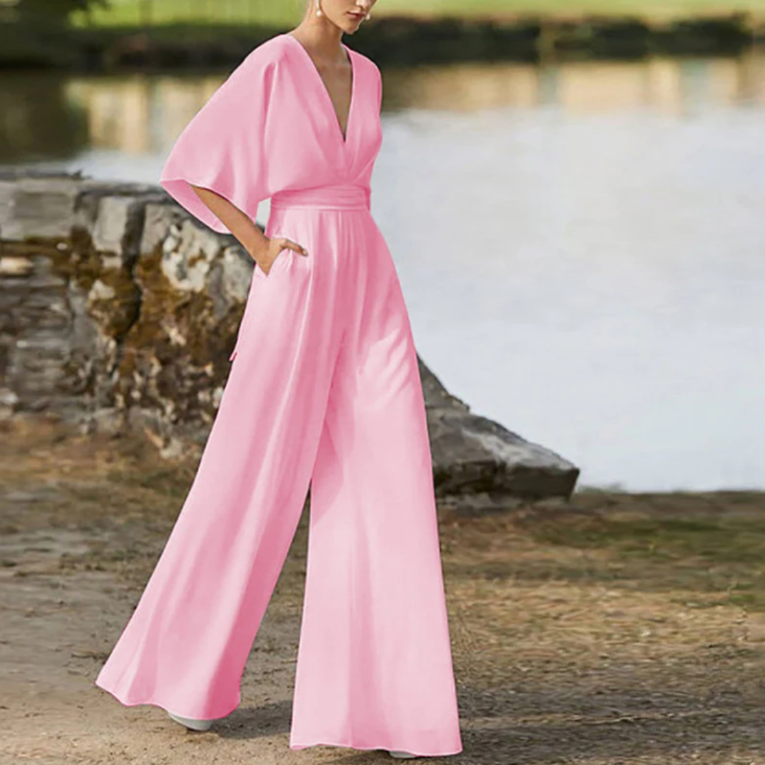 Women's Jumpsuit – Relaxed Fit – Deep V-neck – Wide Legs – Breathable Blend