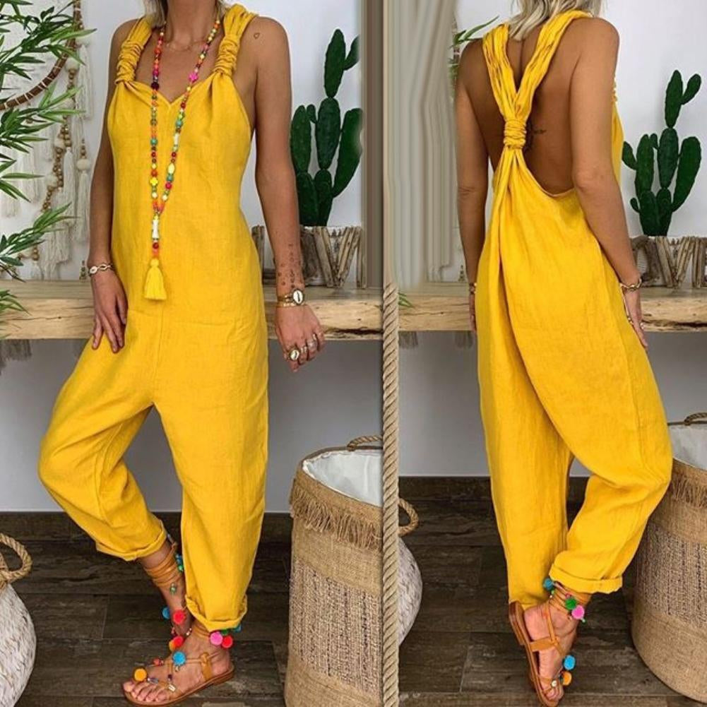 Women's Jumpsuit – Airy Cotton – Loose Fit – Ankle Length with Open Back