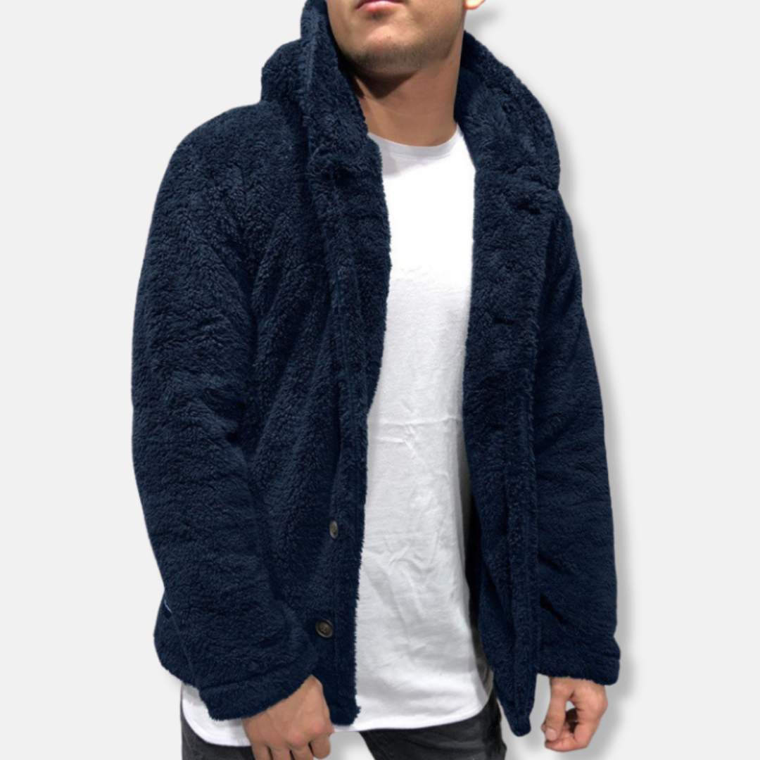 Men's Jacket with Hood – Fleece – Relaxed Fit – Button Closure – Casual Style