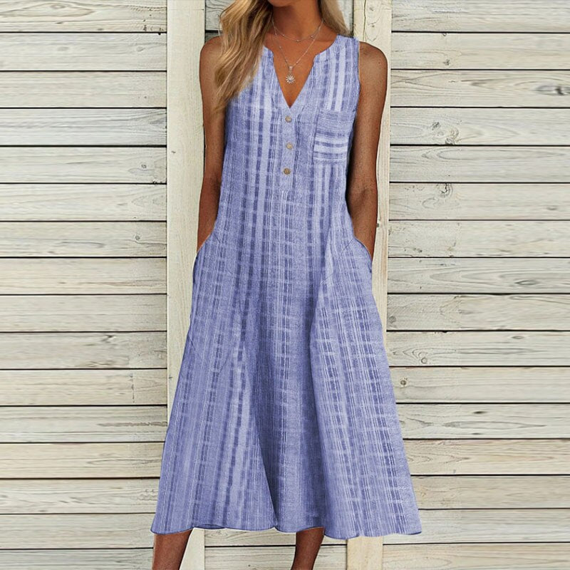 Women's Midi Dress - A-line Fit - V-neck - Buttons & Side Pockets - Airy Fabric