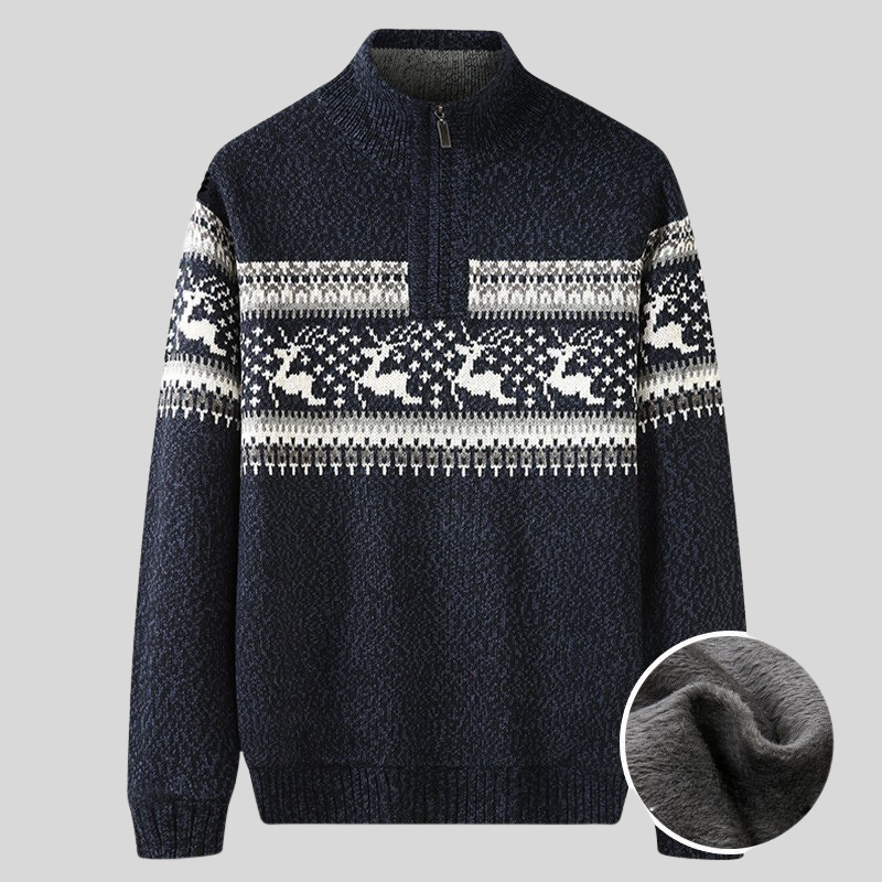Men's Nordic Knit Sweater – Half Zip with High Collar – Warm Plush Lining