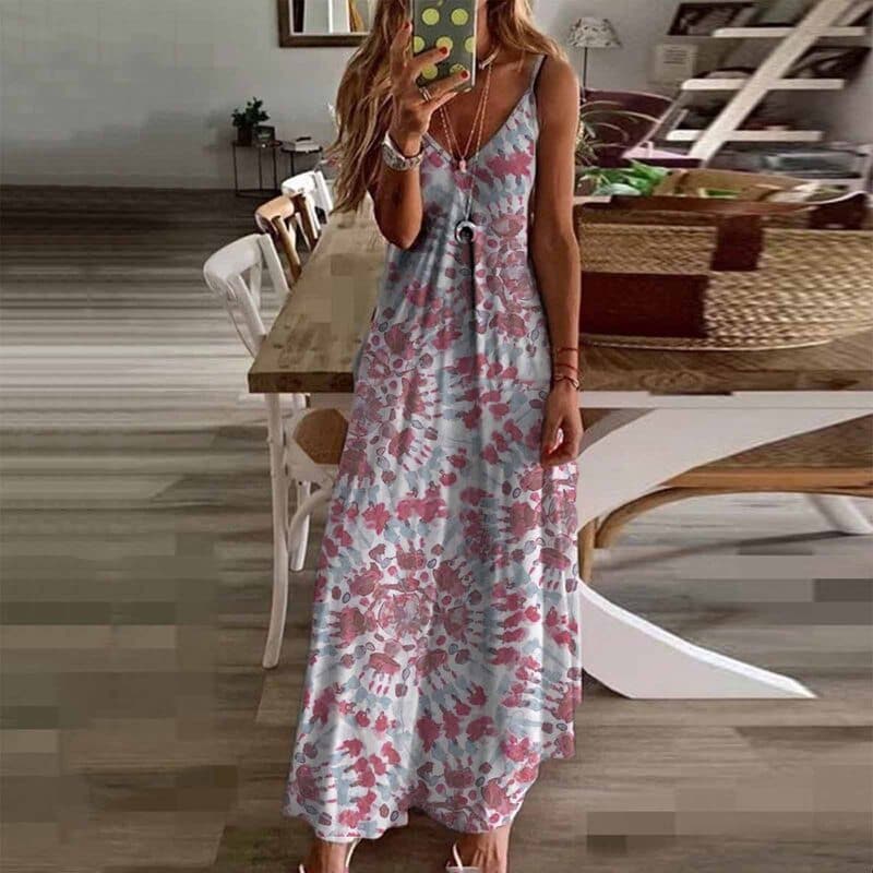 Maxi Dress for Women – V-Neck – Thin Straps – Flowing Fit – Bohemian Tie-Dye