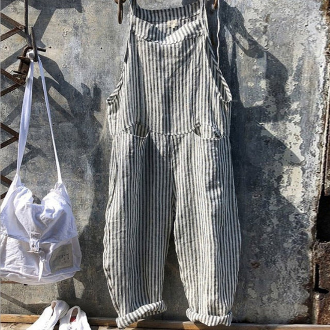 Women's Jumpsuit – Relaxed Fit – Wide Legs – Sleeveless – Natural Fibers – Adjustable Straps – Checkered Pattern