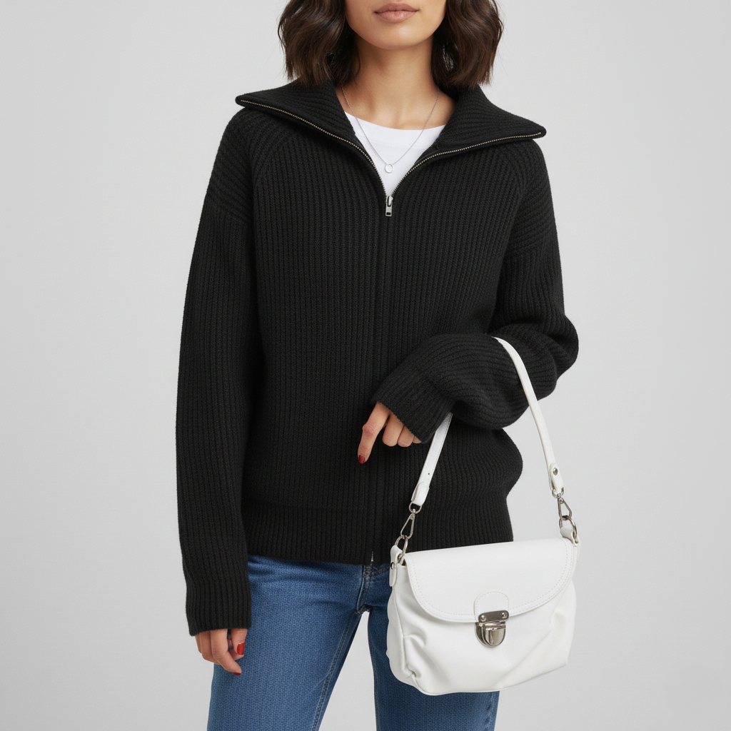 Women's Cardigan – Fitted Fit – Ribbed Knit Wool – High Collar – Zipper Closure
