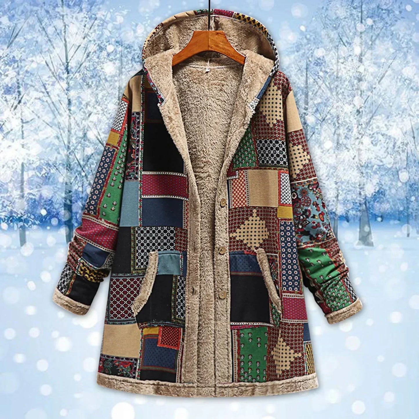 Women's Fleece Jacket – Relaxed Fit – Hood – Patchwork – Long Model