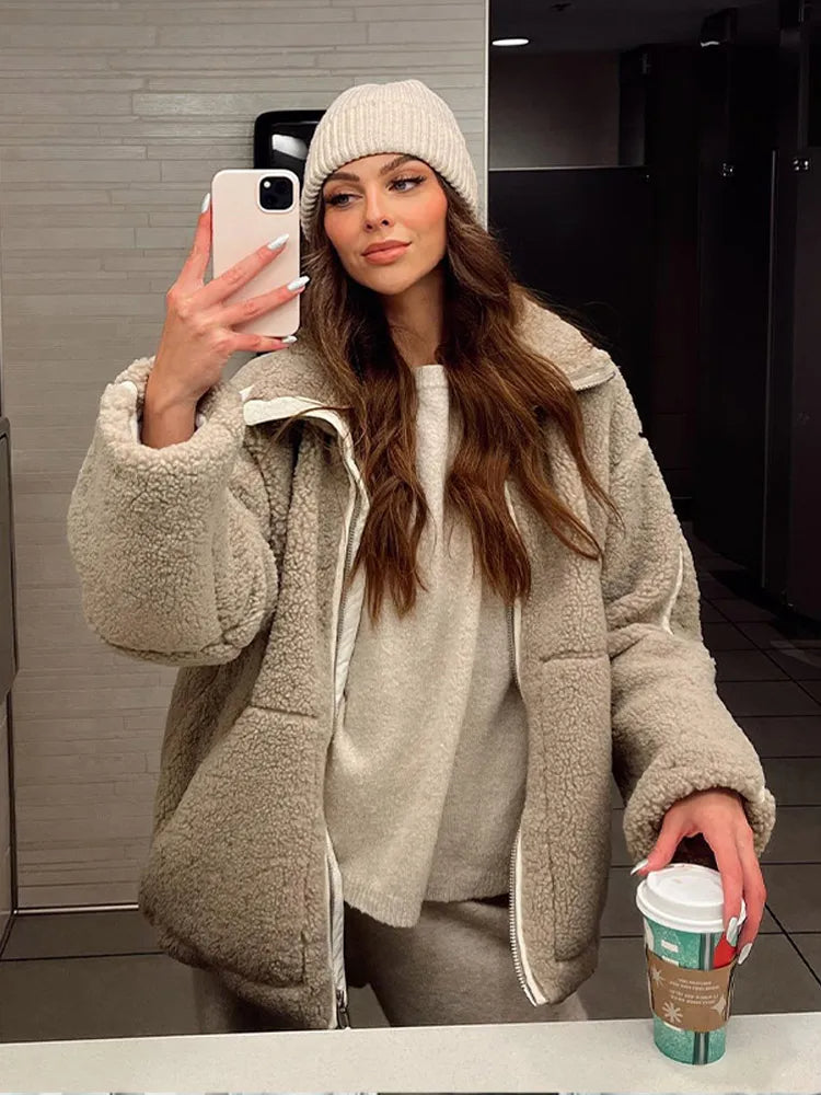 Women’s Coat - Fleece - Oversized Fit - Mid-Thigh Length - High Collar - Zipper Front