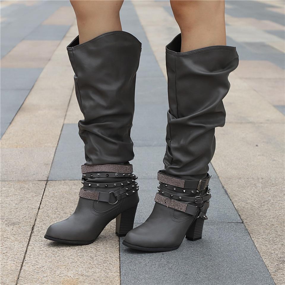 Women's Knee-High Boots - Leather Look - Block Heel - Decorative Straps with Studs