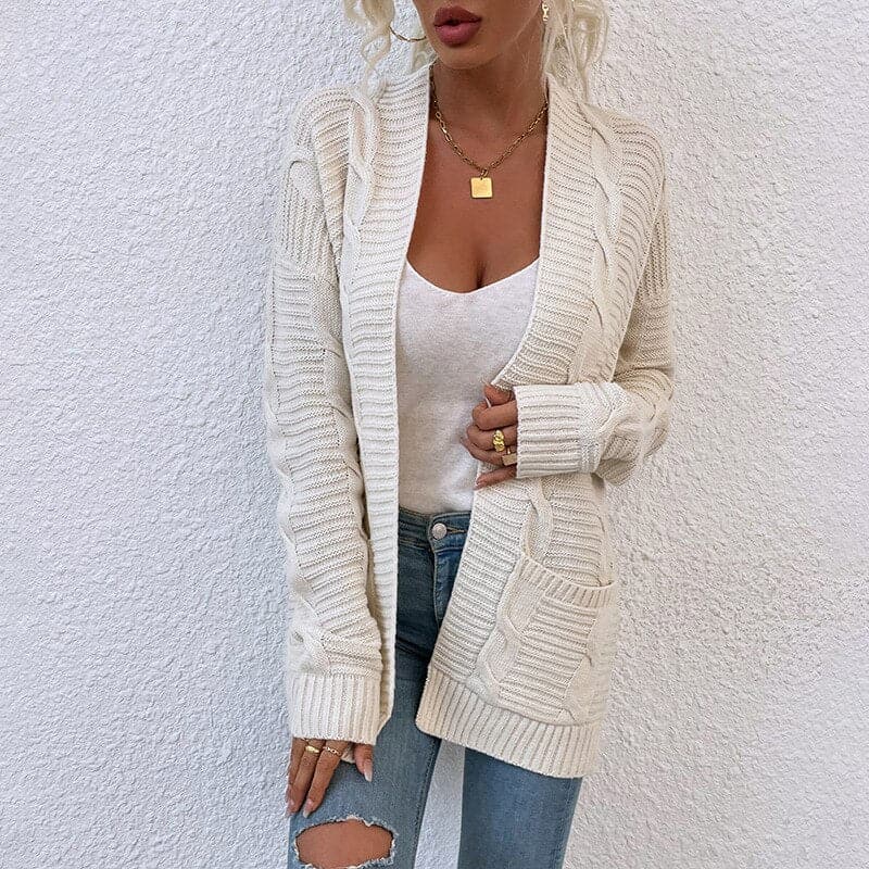 Women's Cardigan - Knitted Cable Knit - Open Front - Long Sleeved with Pockets