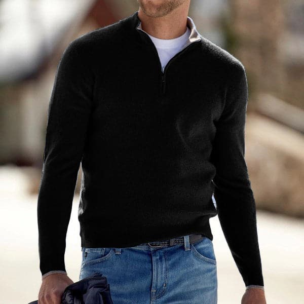 Men's Sweater - Fine Knit Wool Blend - Slim Fit - Zipper in Collar