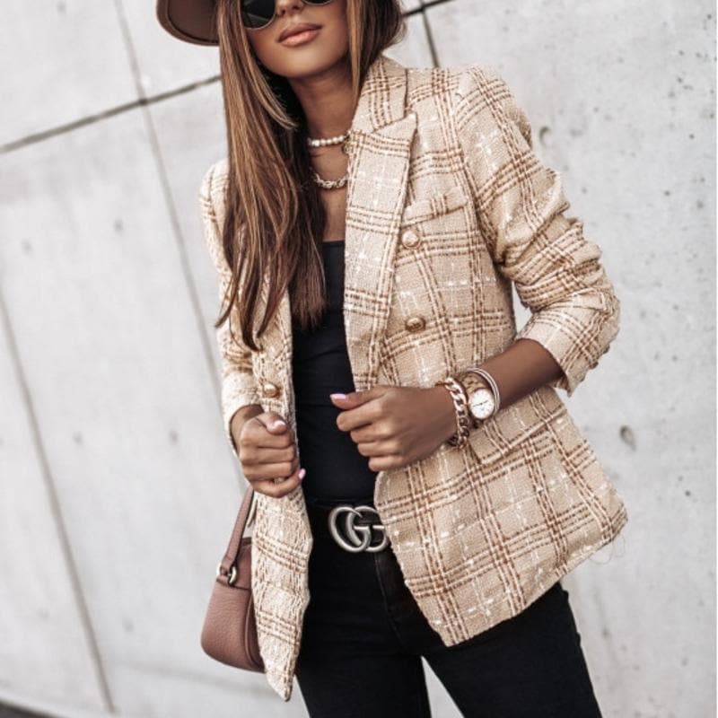 Women's Blazer - Tweed Fabric - Check Pattern - Tailored Fit - Gold Buttons