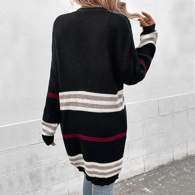 Women's Cardigan – Long Model – Open Front – Knitted Design with Stripes – Comfortable Fit