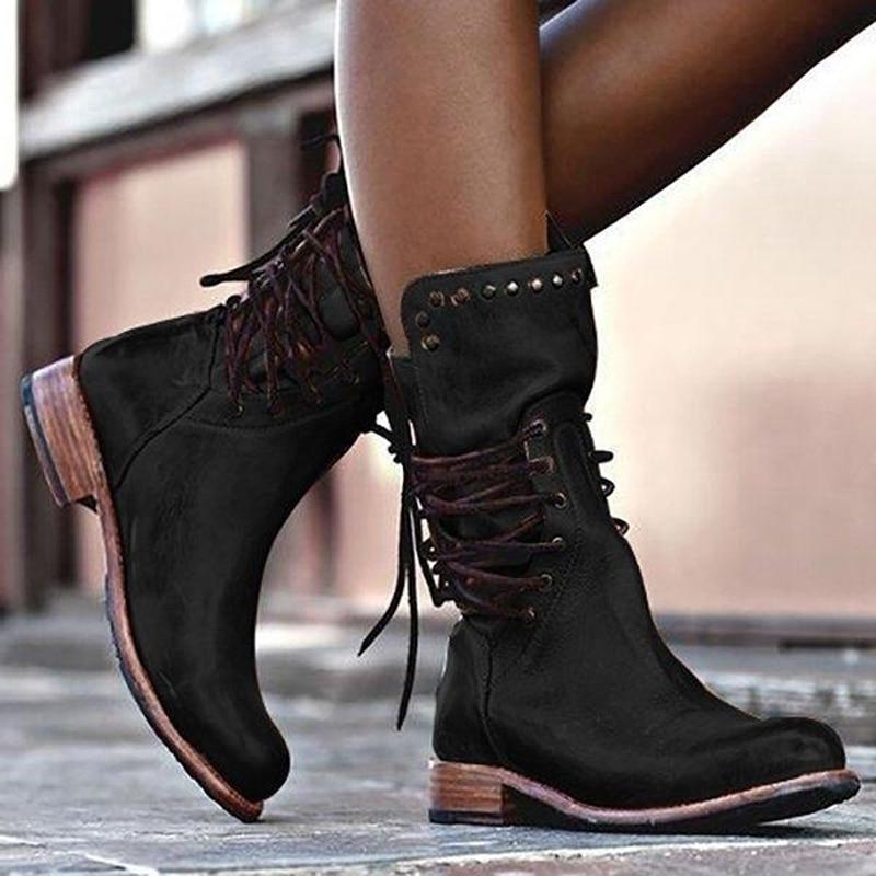 Women's Ankle Boots – Leather – Lacing – Stud Details – Low Heel – Round Toe