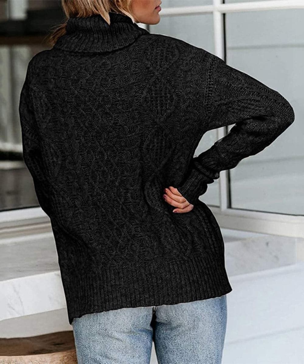 Women's Knitted Sweater - Cable Knit - High Neck - Long Sleeved - Relaxed Fit