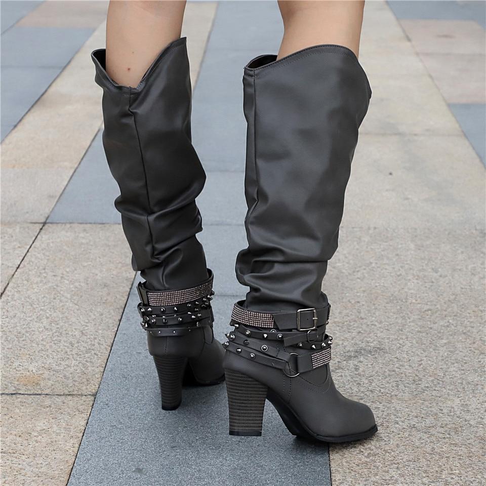 Women's Knee-High Boots - Leather Look - Block Heel - Decorative Straps with Studs