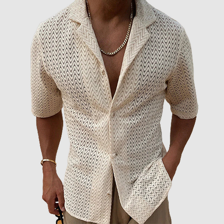 Men's Shirt - Short-Sleeved Knitted - Relaxed Fit - Textured Pattern