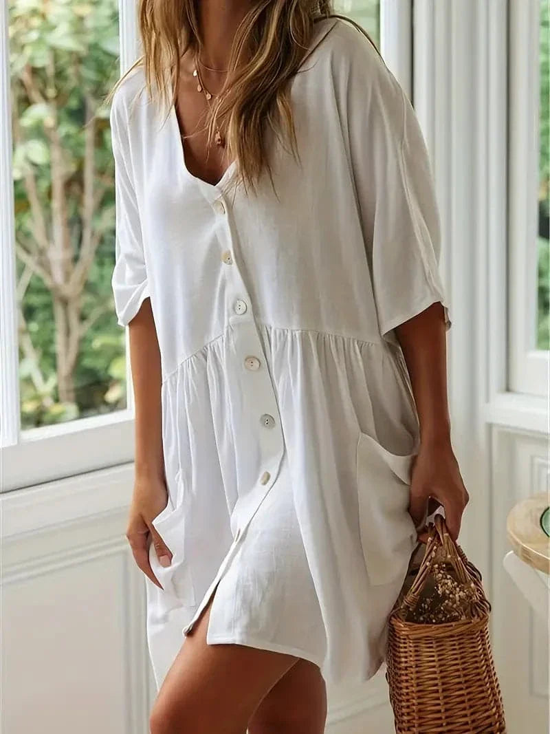 Dame Tunika Kjole - Oversized Passform - V-hals med Knappestolpe - Korte Ermer - Lommer