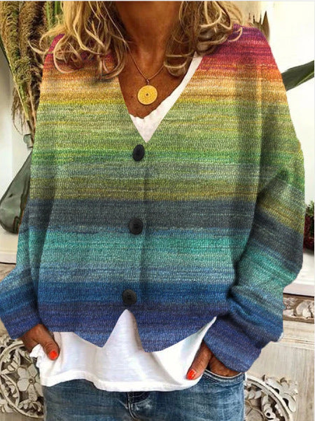 Women's Cardigan - Loose Fit - Knitted V-neck - Three Buttons - Long-sleeved Casual