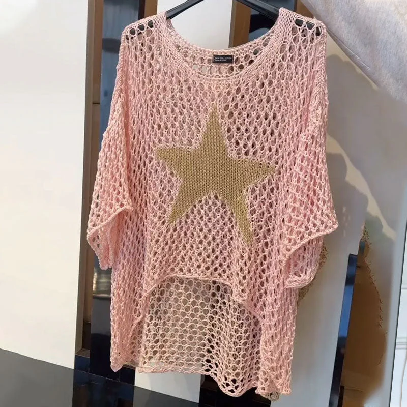 Women's Crop Top – Open-Knit Mesh – Relaxed Fit – 3/4 Sleeve – Star Motif