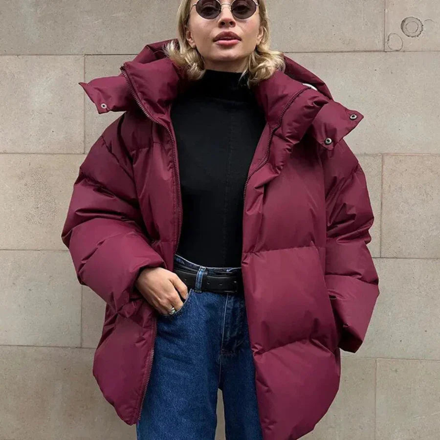 Women's Puffer Jacket – Oversized Fit – Padded Hood – Mid-Length Quilted Design