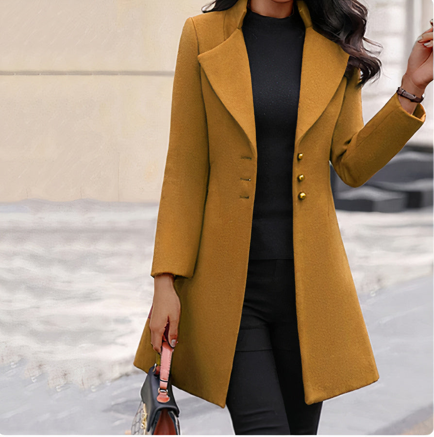 Kvinne Lang Ullfrakk – Skreddersydd – Enkelspent med Knappelukking – Elegant Formell Stil