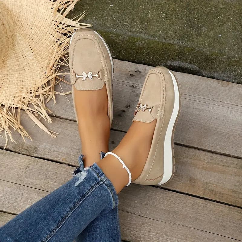 Women's Loafers - Leather - Slip-On Comfort - Decorative Buckle - Supportive Sole