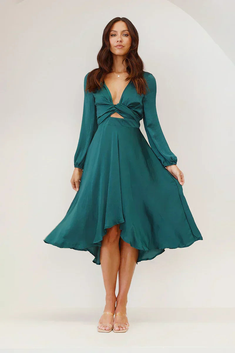 Dress for Women – Midi Length – Figure-Hugging Fit – Bow Detail – Silky Soft Fabric