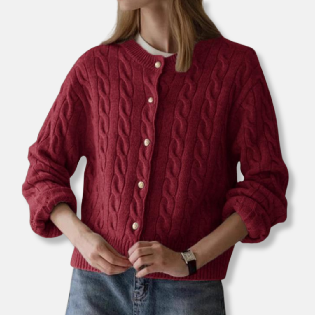 Rose Wool Cable Knit Cardigan | Cropped Crewneck Cardigan