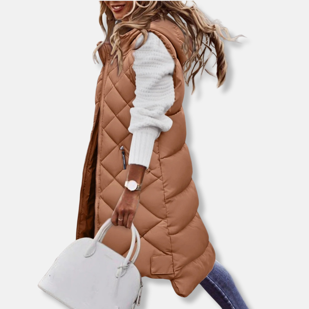 Ruby Relaxed Fit Long Puffer Vest | Hooded Quilted Vest