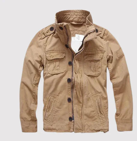 Men's Denim Jacket – Regular Fit – Button Closure – High Collar – Multiple Pockets – Epaulettes