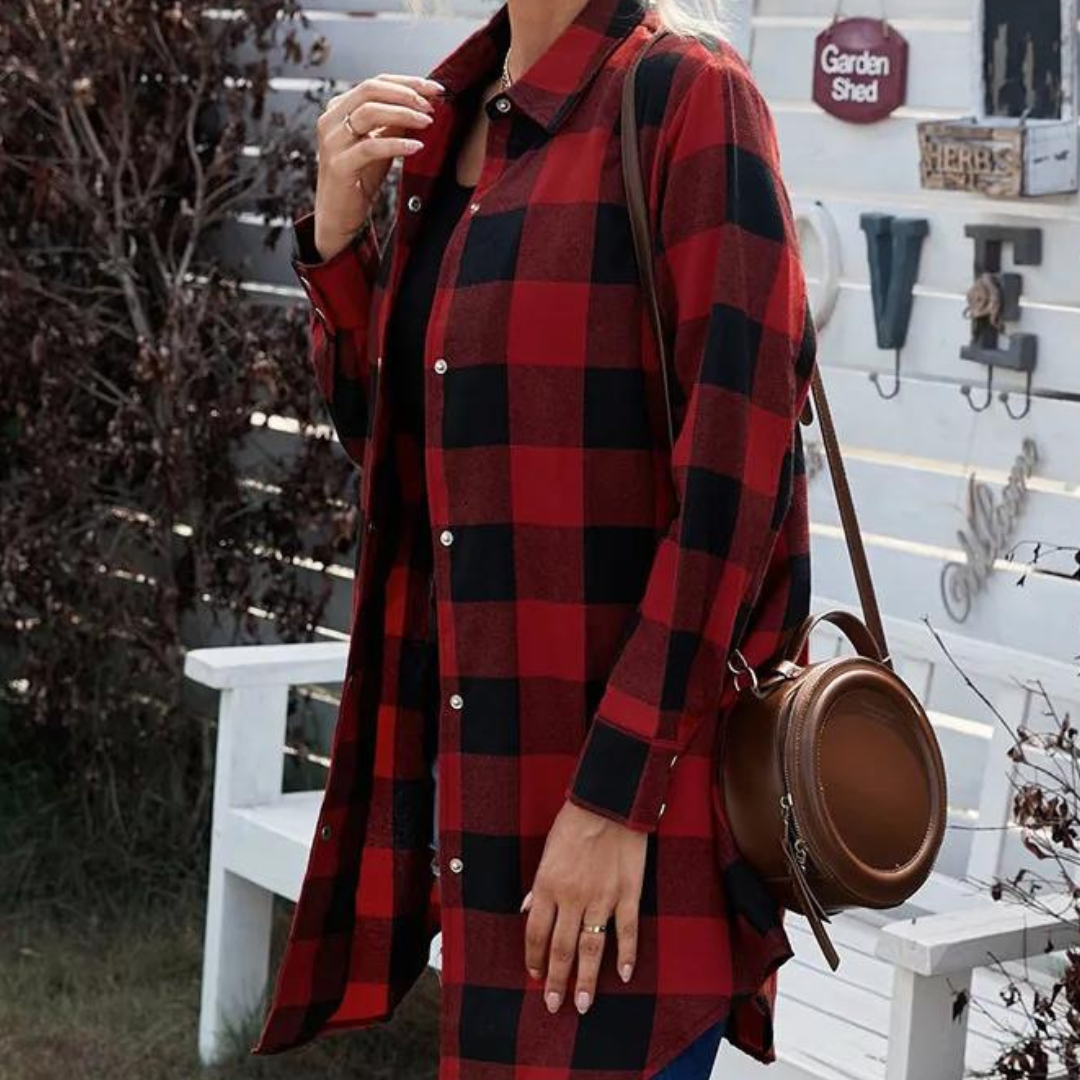 Dame Skjortejakke - Rutete Flanell - Oversized Passform - Lange Ermer - Knappelukking