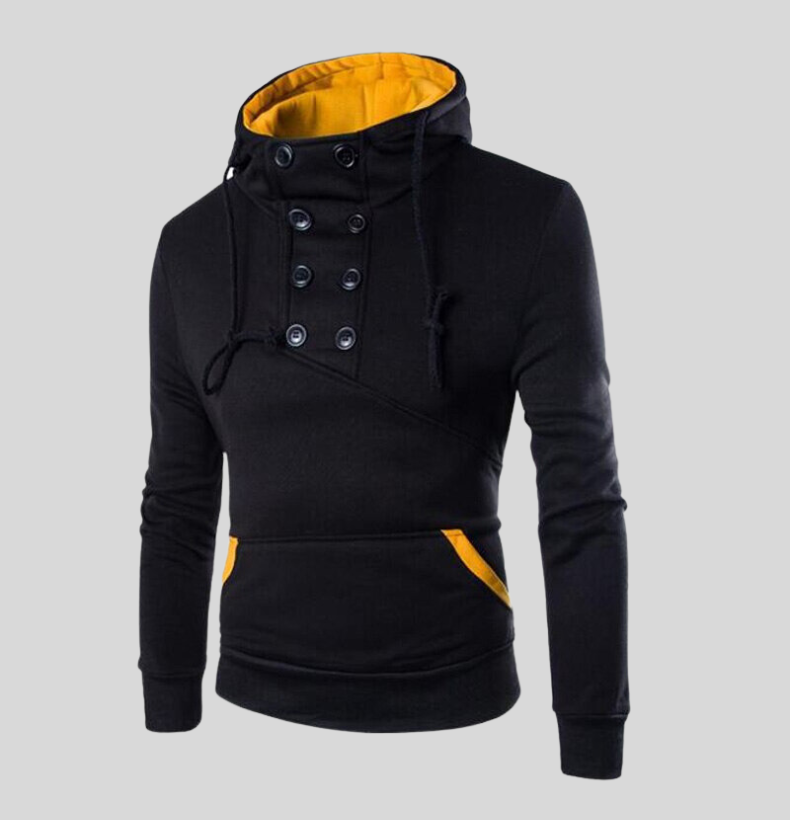 Men's Sweater - Asymmetric Button Front - Drawstring Hood - Ribbed Cuffs