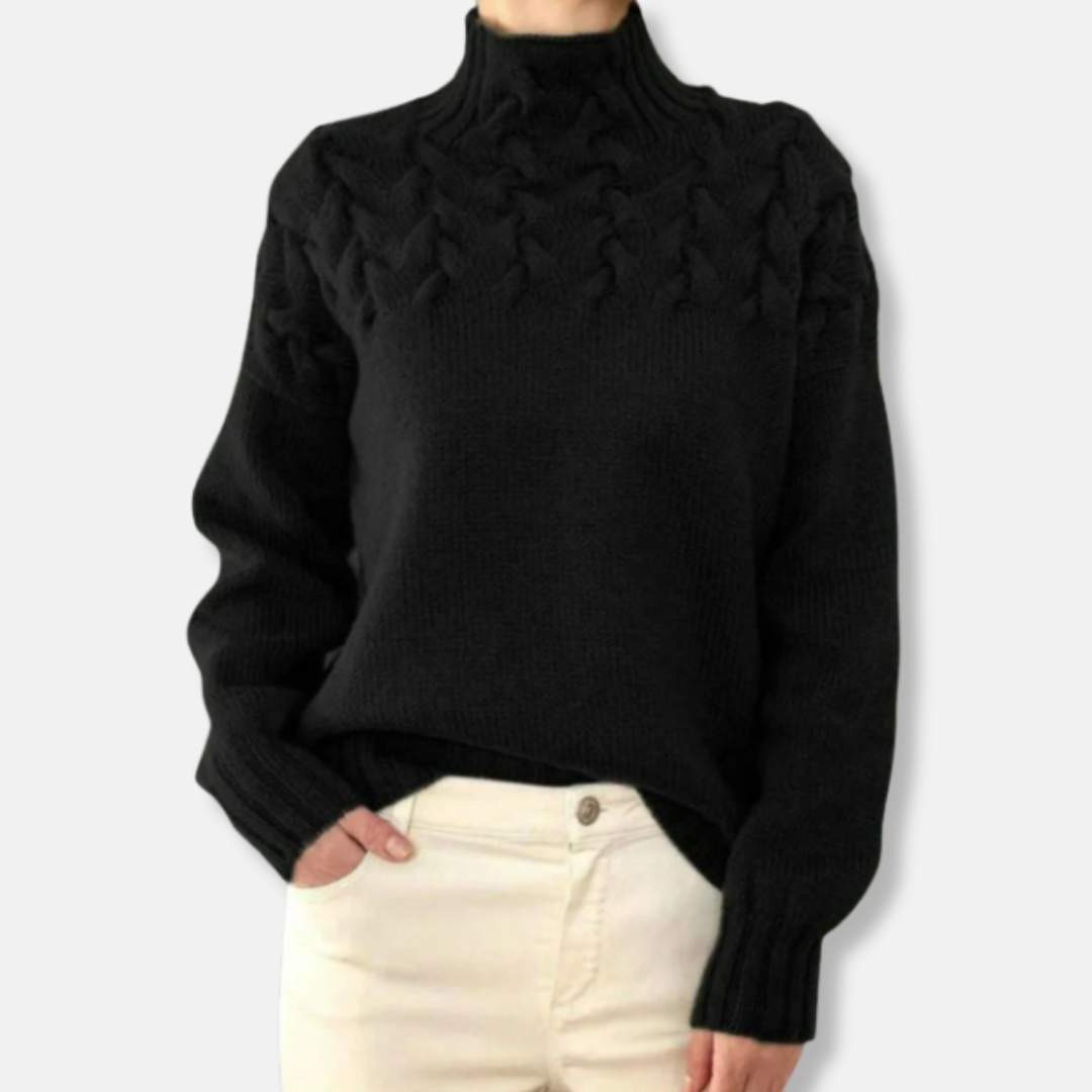 Rose Wool High Neck Sweater | Cable Knit Relaxed Fit Sweater
