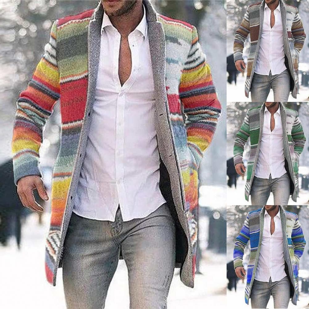 Men's Long Coat - Woven Fabric - Slim Fit - Open Front - Unique Pattern Detail