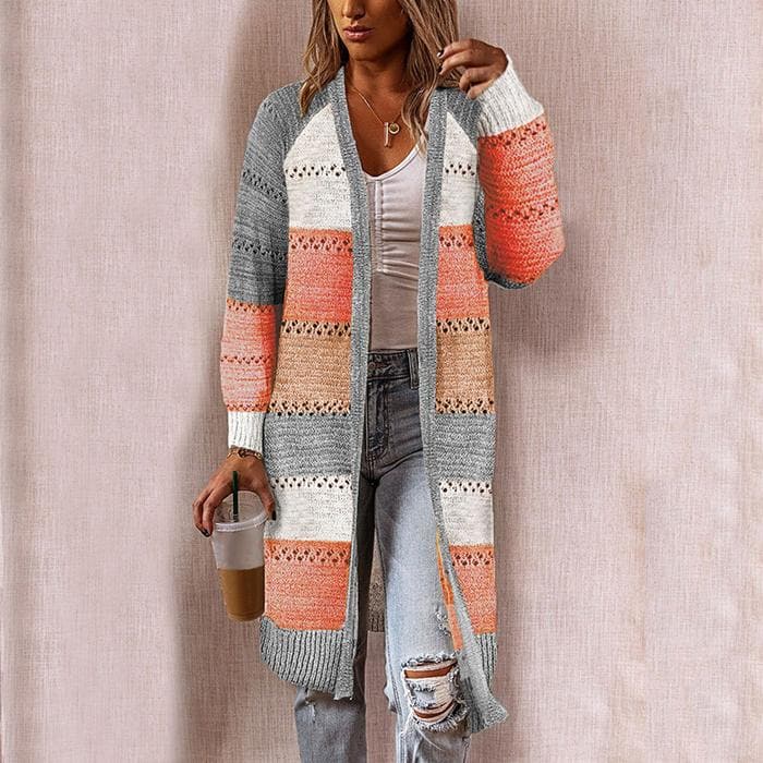 Dame Strikket Cardigan - Lang Åpen Front - Strukturert Mønster - Ribbestrikkede Mansjetter
