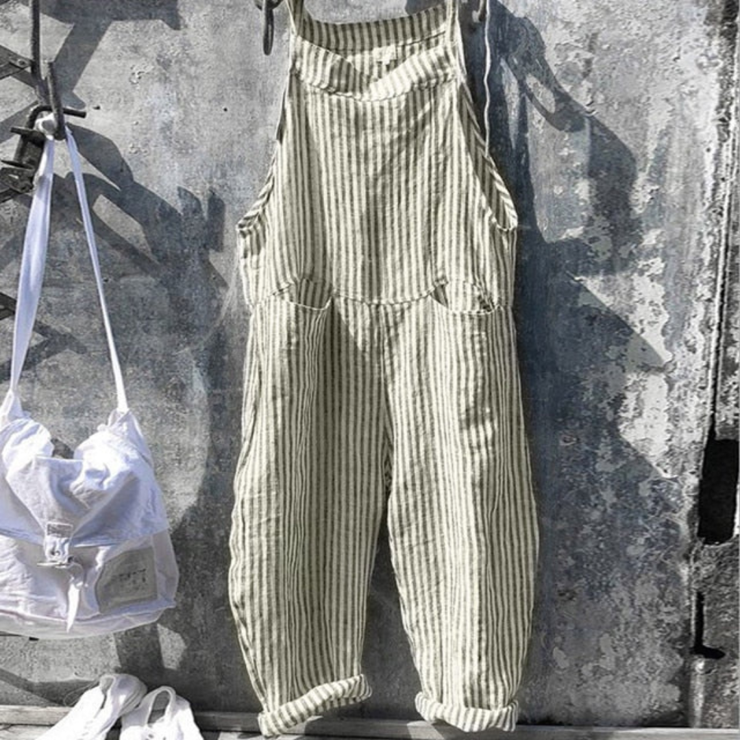 Women's Jumpsuit – Relaxed Fit – Wide Legs – Sleeveless – Natural Fibers – Adjustable Straps – Checkered Pattern