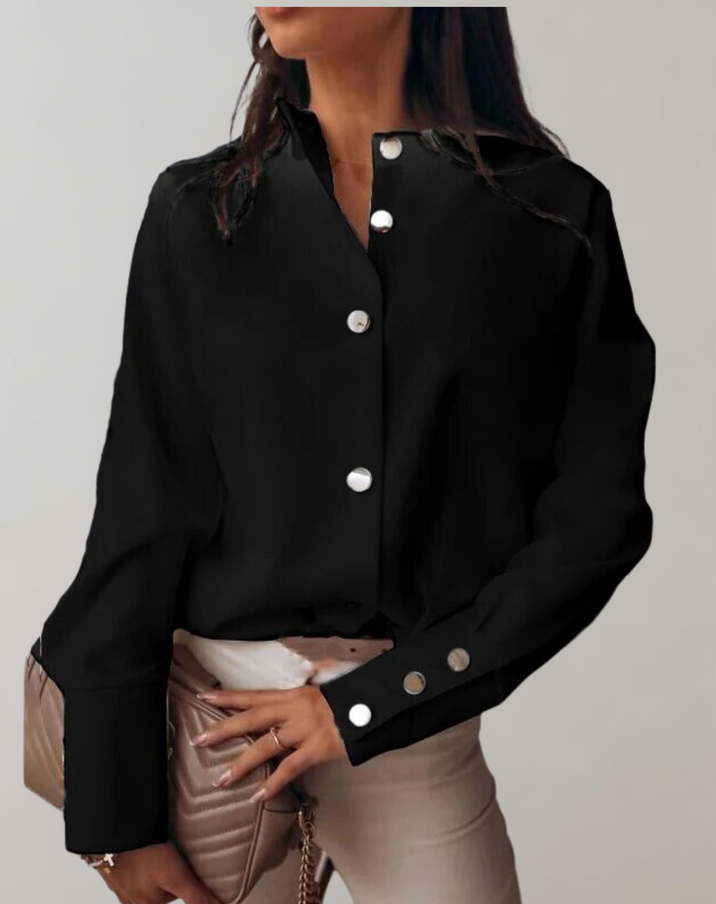 Women's Blouse – Relaxed Fit – Breathable Material – Stand Collar – Button Front – Long Sleeves
